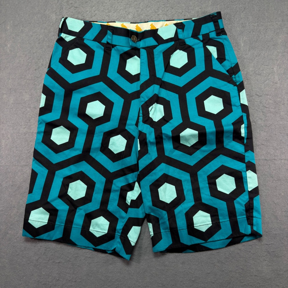 Loudmouth Golf Shorts Mens 32 Turquoise Black Hexagon Geometric Shining Pattern